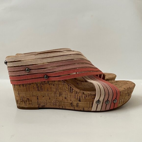 Pink Ombre Stripes Boho Beach Wedge Cork Platform Sandals Women Size 10 - Picture 8 of 12
